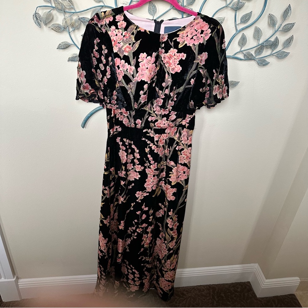ModCloth black Velvet maxi dress with pink floral Medium